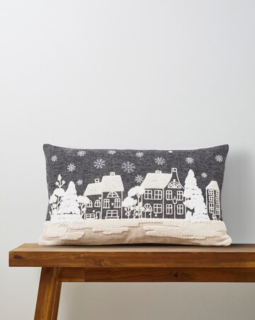 Winter Village Embroidered Velvet Cushion