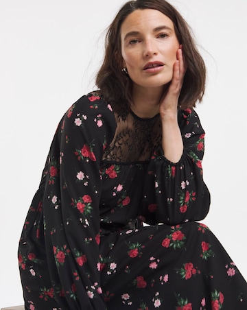 Floral Border Print Lace Yoke Midi Dress