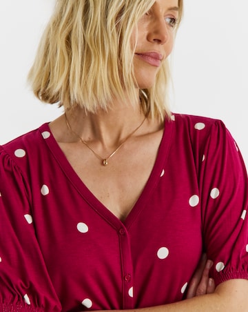 Pink Spot Button Front Short Sleeve Top