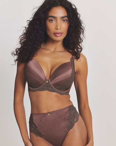 Pretty Secrets Satin & Lace Thong Chocolate