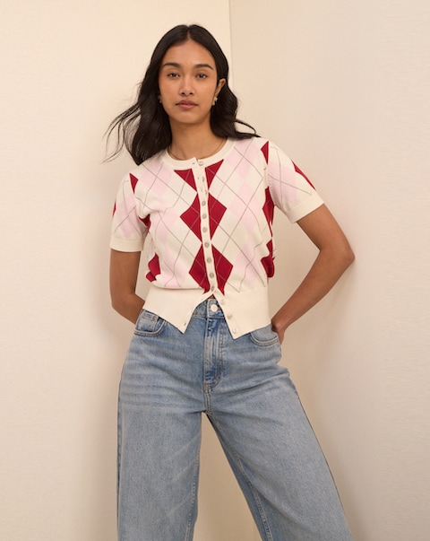 NOBODYS CHILD ARGYLE SHORT SLEEVE CARDI