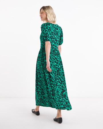 Green Animal Print Jersey Detail Midi Dress