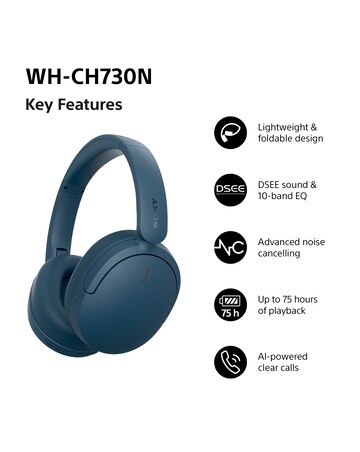 Sony WH-CH730N Wireless Noise Cancelling Over-Ear Headphones - Blue