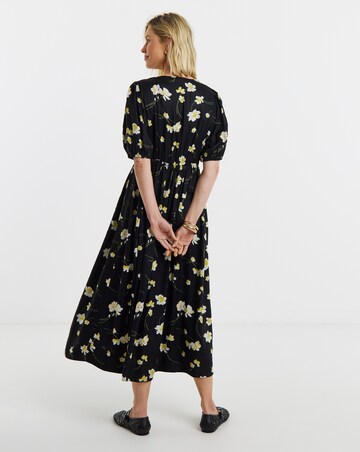 Black Floral Print Puff Sleeve Drop Waist Button Midi Dress