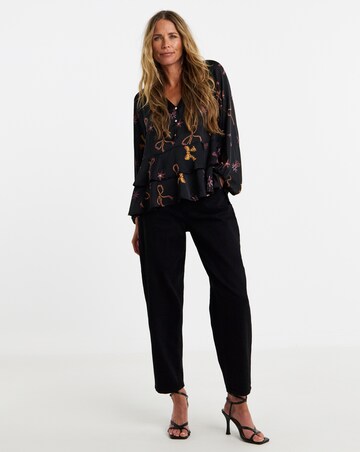 Black Bow Print Satin Peplum Blouse