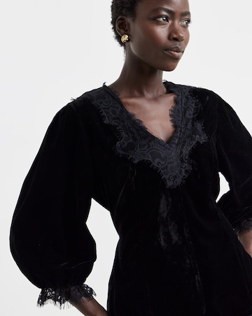 Black Lace Trim Velvet Puff Sleeve Top