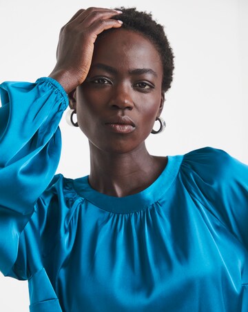 Blue Satin High Neck Exaggerated Sleeve Blouse