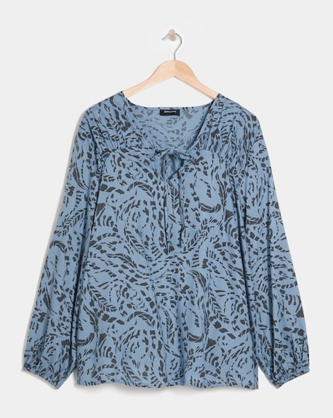Tie Detail Ruched Long Sleeve Blouse - Blue Abstract