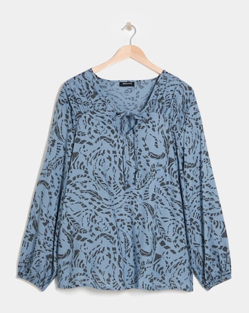 Tie Detail Ruched Long Sleeve Blouse - Blue Abstract