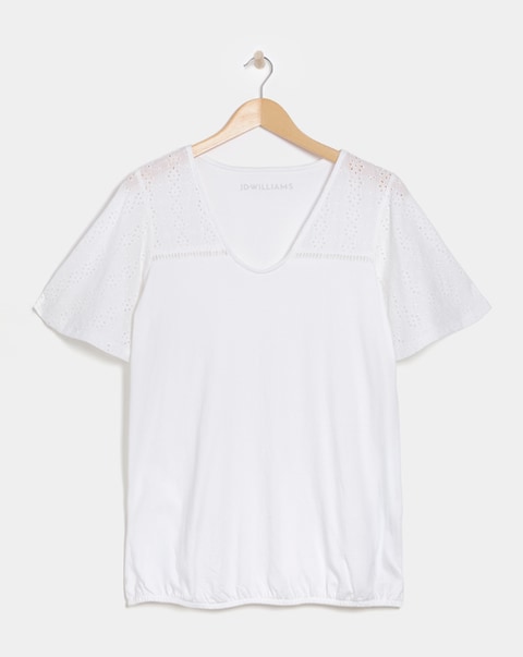 V-Neck Broderie Yoke and Sleeve Bubble Hem Top