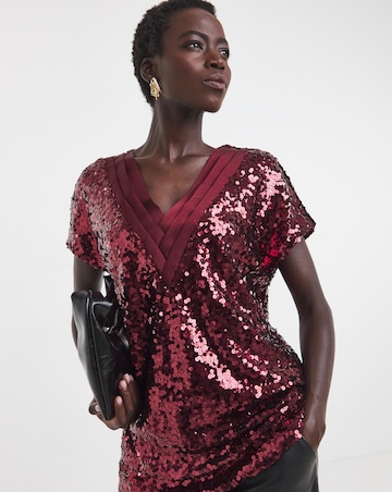 Burgundy Longline V-Neck Sequin Top