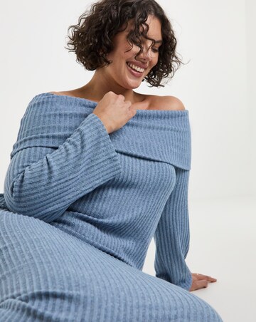 Blue Cosy Rib Bardot Maxi Dress