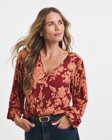 Burgundy Floral Button Fron Long Sleeve Top