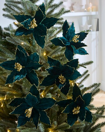 Green Velvet Gold Glitter Poinsettia Clips - Set of 6