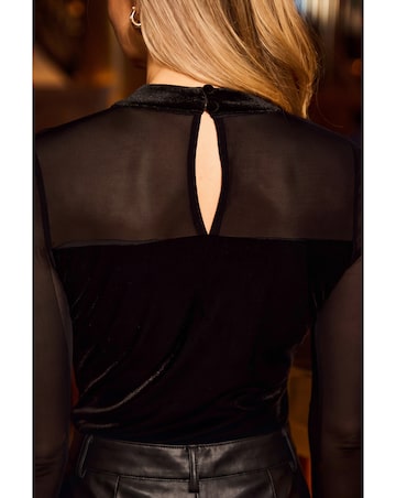 Sosandar High Neck Gold Trim Velvet Sheer Sleeve Top