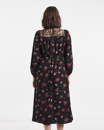 Floral Border Print Lace Yoke Midi Dress