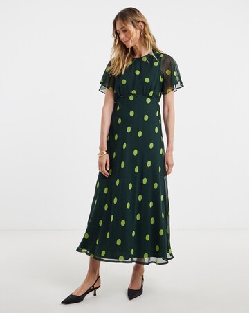 Green Spot Print Crinkle Georgette Midi Tea Dress