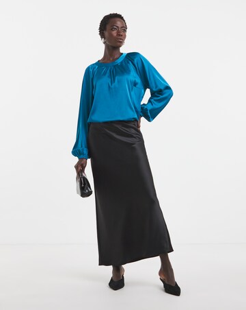 Blue Satin High Neck Exaggerated Sleeve Blouse