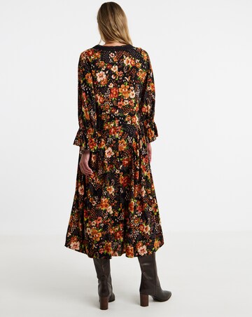 Printed Lace Trim Seam Detail Midi Dress