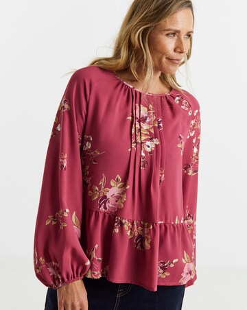 Floral Print Pintuck Long Sleeve Peplum Blouse