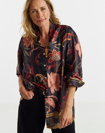 Border Print Satin Long Sleeve Shirt