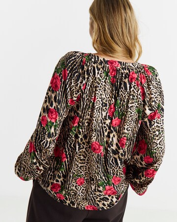 Animal Print Collarless Button Through Blouse