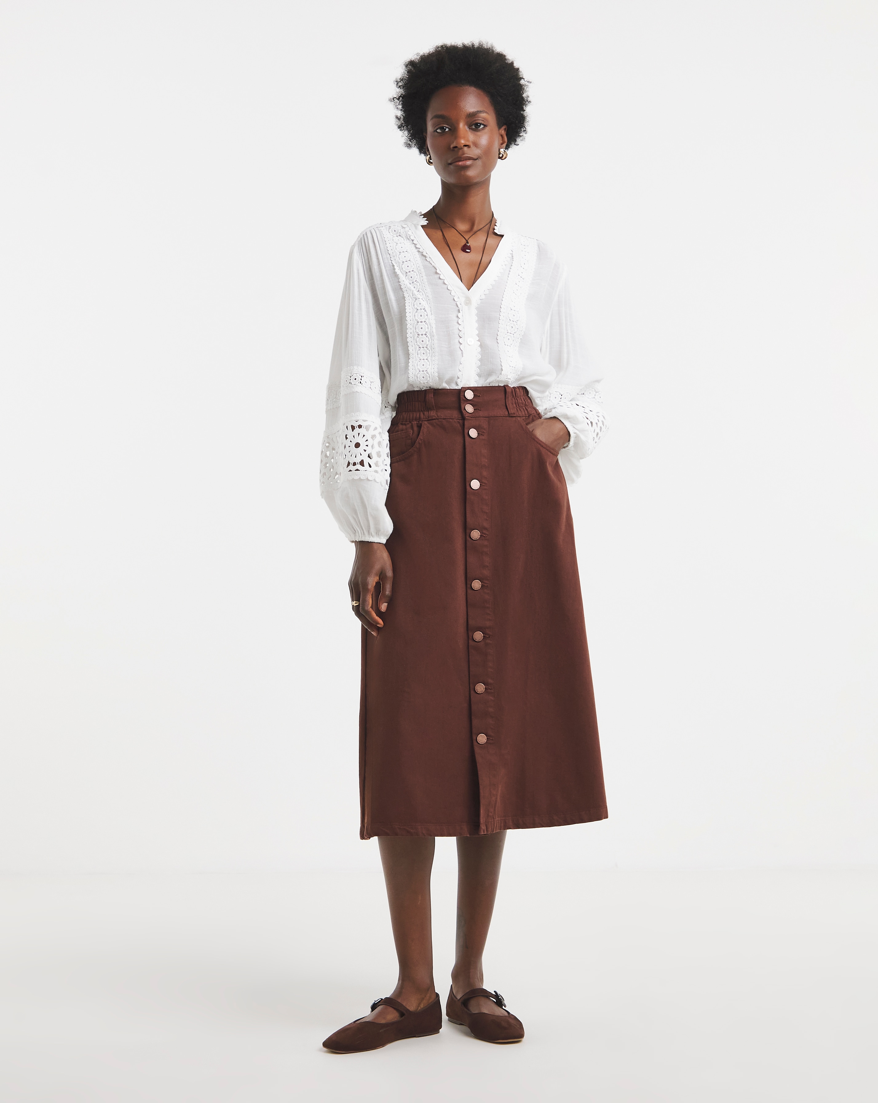 Rust Elasticated Waist Button Through Midi Skirt | Ambrose Wilson