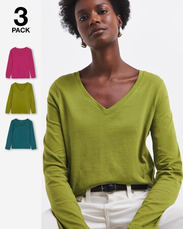Pink, Green And Blue 3 Pack V-Neck Long Sleeve T-Shirt