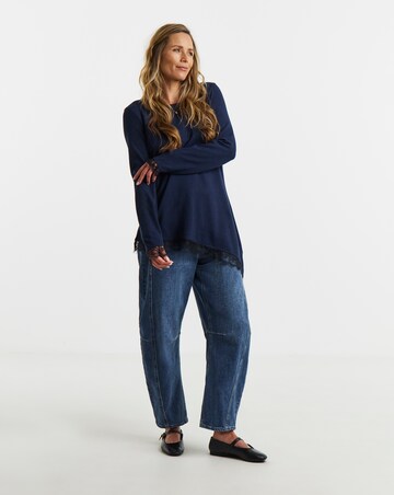 Navy Soft Touch Crew Neck Lace Aysmmetric Longline Top