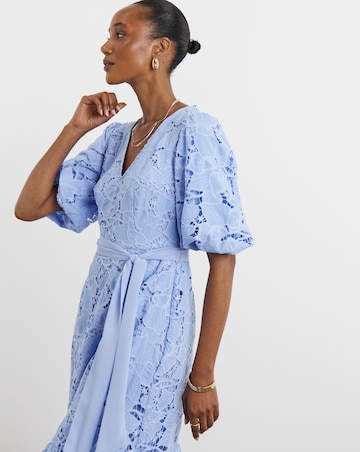 Joanna Hope Blouson Sleeve Belted Lace Dress