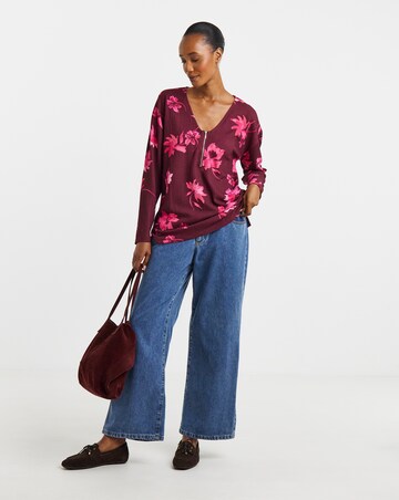 Floral Printed Zip Front Long Sleeve Longline Top