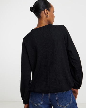 Black Long Sleeve Textured Bubble Hem V-Neck Top