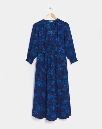 Blue Print Tie Front Shirred Detail Midi Dress