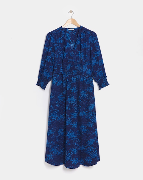 Blue Print Tie Front Shirred Detail Midi Dress