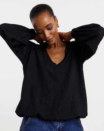 Black Long Sleeve Textured Bubble Hem V-Neck Top