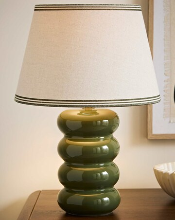 ValueLights Gia Olive Ceramic Stacked Table Lamp with Triple Trim Shade