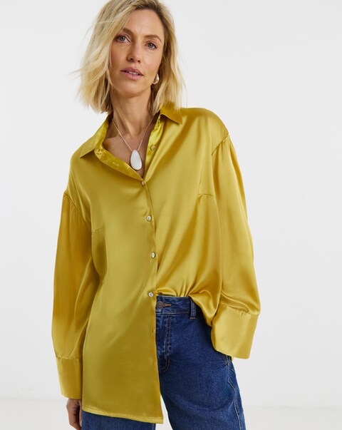 Chartreuse Satin Long Sleeve Shirt
