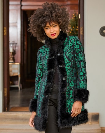 Joe Browns Statement Jacquard Faux Fur Trim Coat