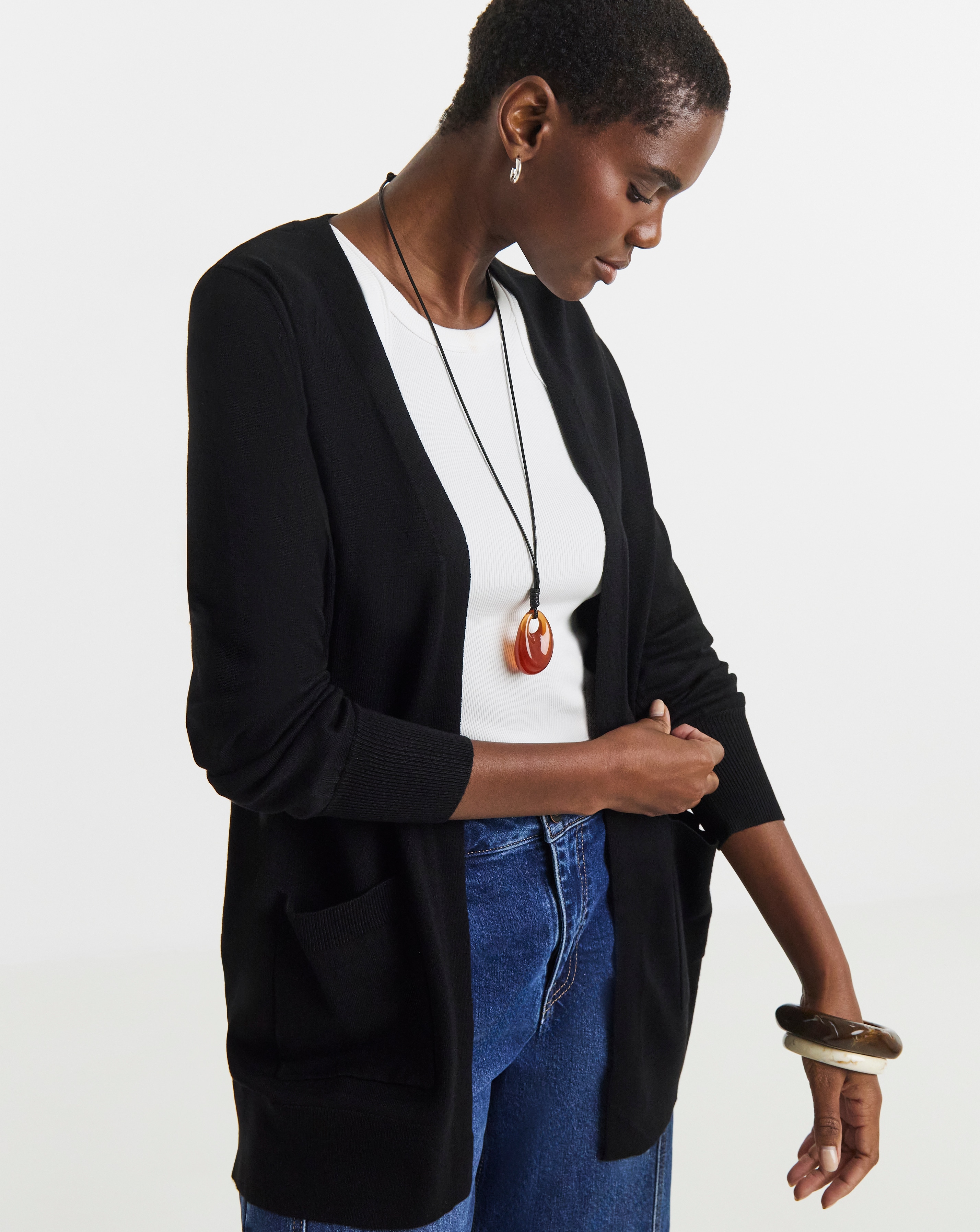 Fine Knit Black Longline Edge to Edge Cardigan | Ambrose Wilson