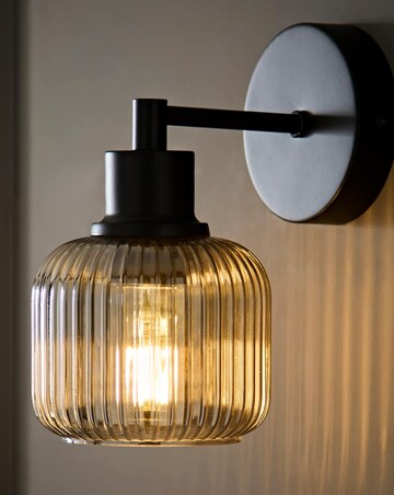 ValueLights Calpe Matte Black Smoke Ribbed Glass Wall Light