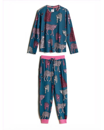 Chelsea Peers Classic Long Sleeve Crew Neck Leopard Pyjama Set