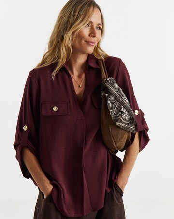 Burgundy Utility Button Detail Collar Popover Top