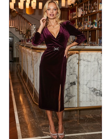 Sosandar Velvet Gold Trim Belt Midi Dress