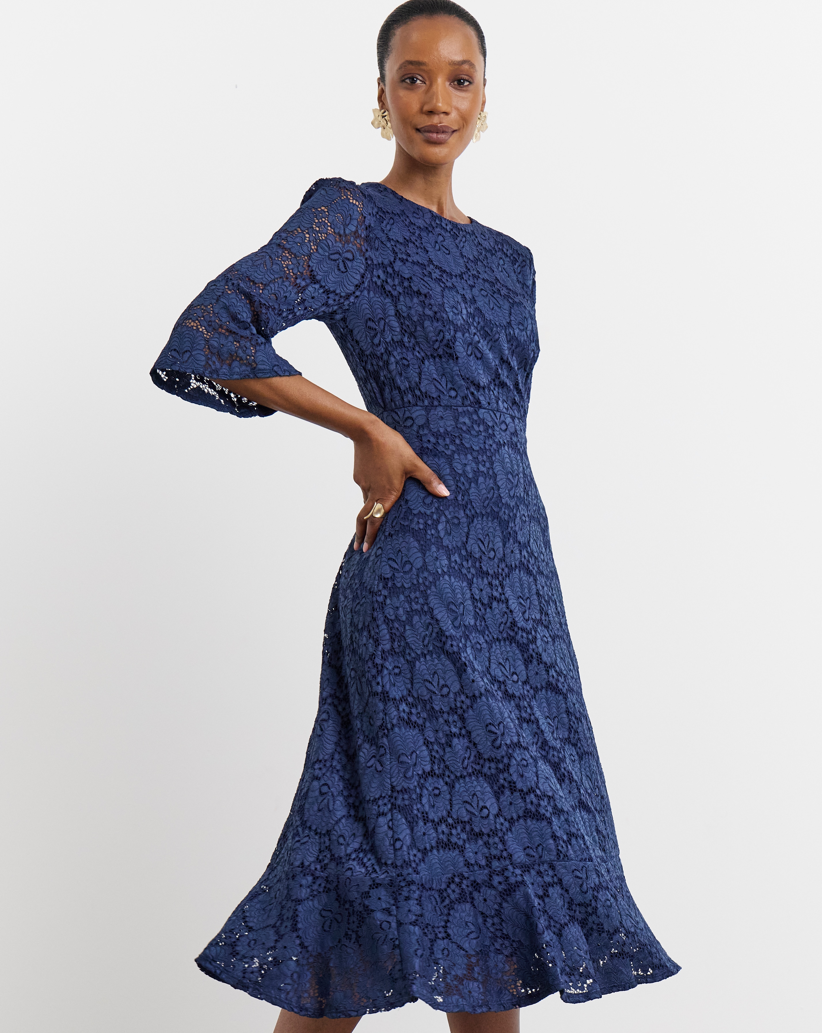 Joanna Hope Fluted Sleeve Stretch Lace Midi Dress | Ambrose Wilson