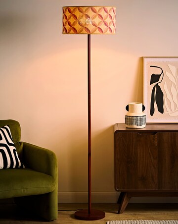 ValueLights Heather Dark Wood Wooden Stem Floor Lamp with Geo Print Bamboo Shade