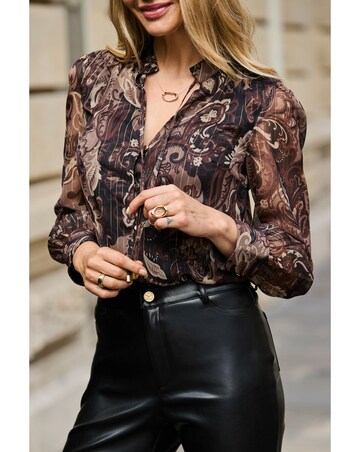 Sosandar Brown Paisley Printed Tie Neck Blouse