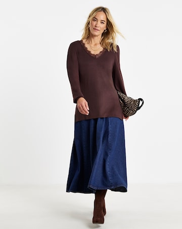Chocolate Lace Trim V-Neck Cosy Longline Top