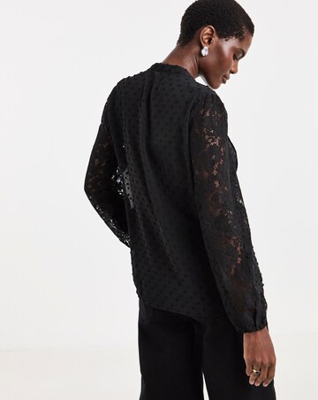 Black Lace Panel Collarless Blouse