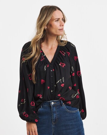 Multi Print Collarless Button Through Blouse