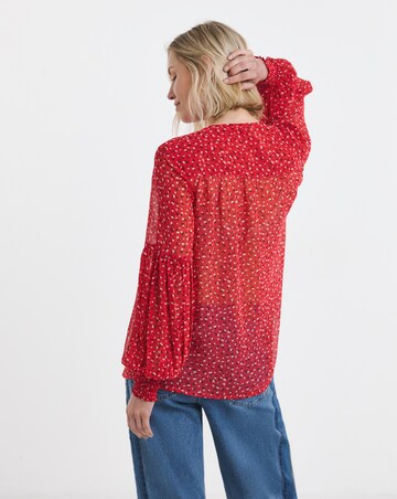 Red Ditsy Shirred Button Through Top